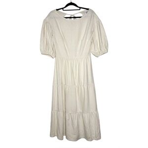 TOWN Cream Raw Silk Tie Open Back Tiered Quince Midi Dress - 1